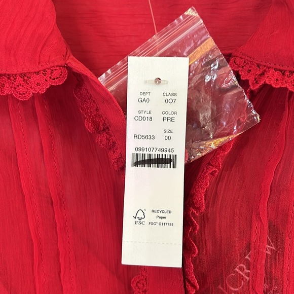J.Crew Women’s Sheer Lace-Trim Button Up Shirt Short Sleeves Red NWT Sz 00 CD018 - Picture 5 of 9